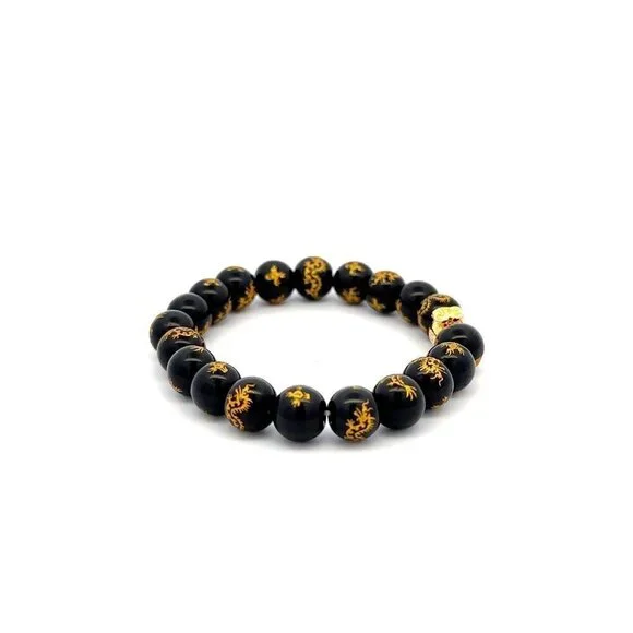 18K Gold Money Bag Black Agate Gemstones 7.5-8mm Lucky Charm Elastic Bracelet - Picture 3 of 5
